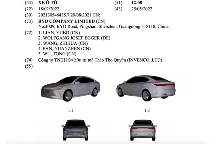  BYD đã nộp đơn đăng ký sở hữu trí tuệ kiểu dáng với mẫu sedan hạng C Destroyer 05 tại Việt Nam.