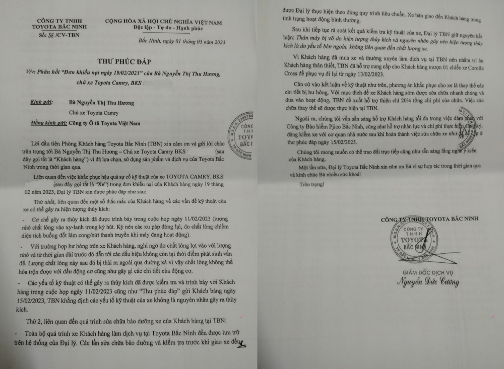Văn bản phúc đáp của Toyota Bắc Ninh gửi tới chị Nguyễn Thị Thu Hương